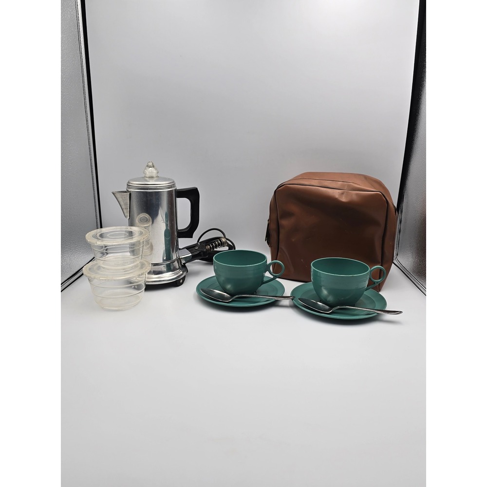 Empire Coffeepot‎ USA Teal Melamine Tea Cups Saucers Spoons Set 2 Vintage